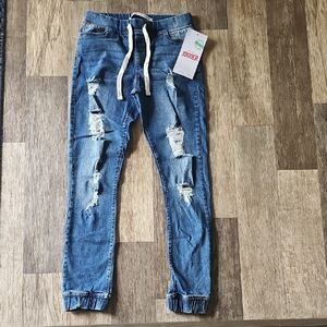 Celebrity Pink Blue Distressed Jogger Jeans with Elastic Waistband